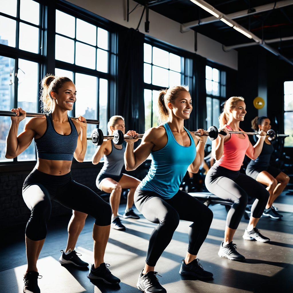 A dynamic scene of a diverse group of athletes training with determination and joy, showcasing various strength exercises using the Pendlay Method. Include a motivational backdrop of a gym filled with weights and equipment, with radiant sunlight streaming through large windows. Emphasize expressions of focus and camaraderie among the athletes. vibrant colors. super-realistic. energetic atmosphere.