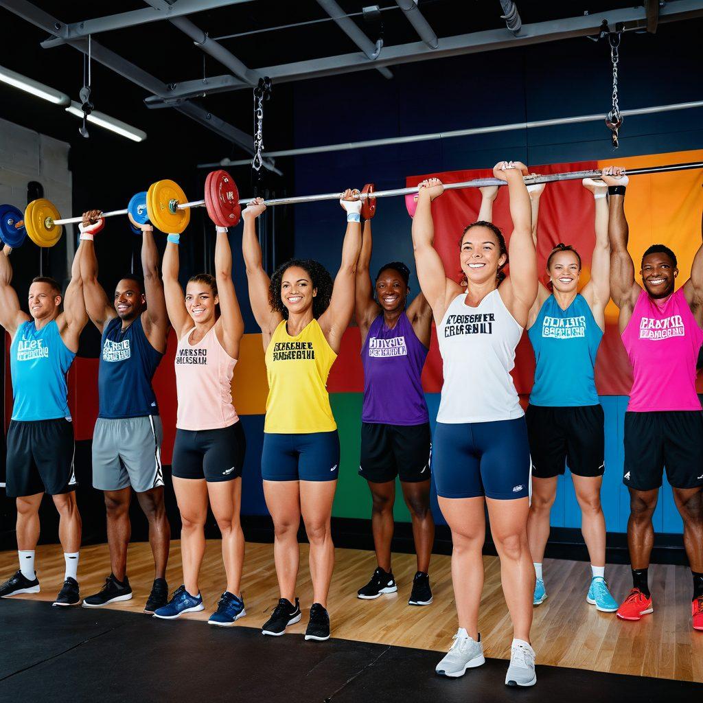 A dynamic scene showcasing a diverse group of athletes engaged in the Pendlay lift, exuding strength and joy amidst a vibrant gym setting. Emphasize facial expressions of determination and happiness, with colorful weights and a motivational banner in the background. Capture the energy of teamwork and personal growth, highlighting the process of building strength. soft-focus background. realistic style. vibrant colors.